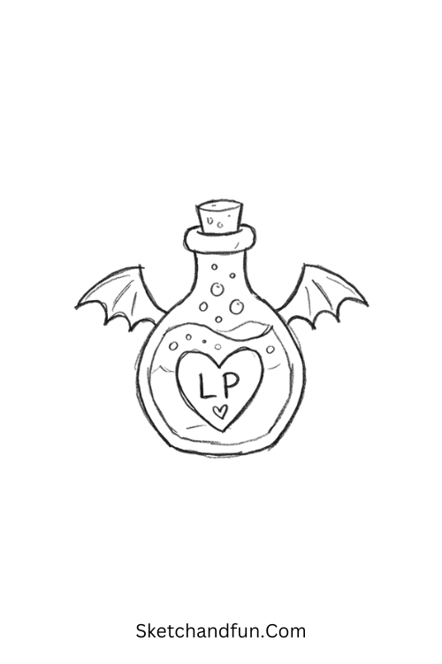 Gothic Potion Bottle Drawing with a heart-shaped label
