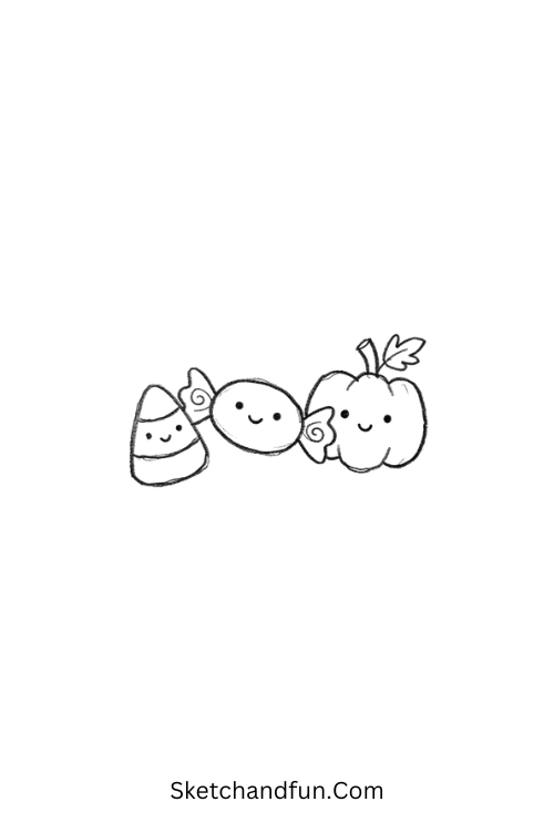 Halloween treat trio doodle drawing with candy corn and pumpkin