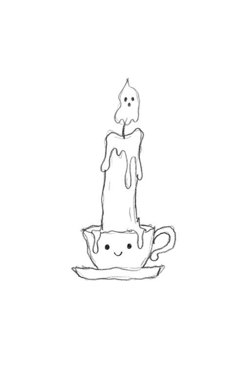 Haunted candle doodle drawing with a ghost-shaped flame