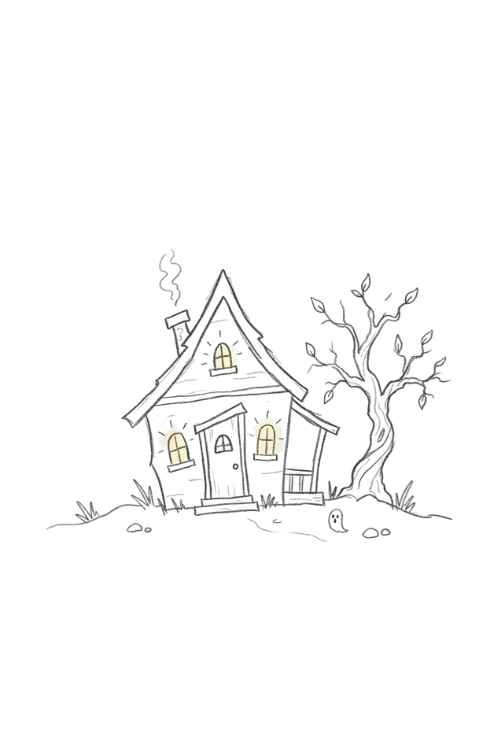 Haunted house doodle drawing with a spooky tree