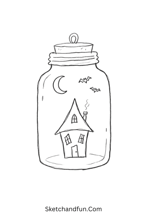 Haunted house in a jar Halloween doodle drawing