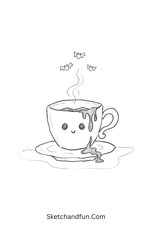 Haunted Teacup Drawing with a ghostly face and bats