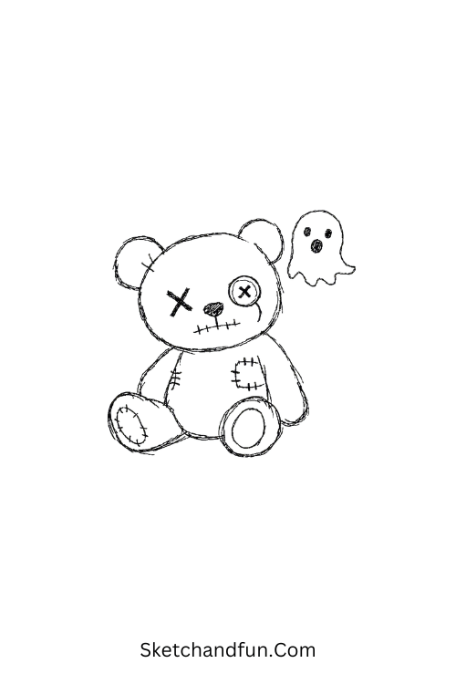 Haunted teddy bear drawing with stitched eyes and a tiny ghost