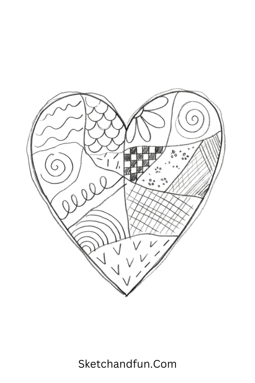 Heart mosaic Zentangle tile with a patterned heart filled with flowers, scales, spirals, waves, and dots
