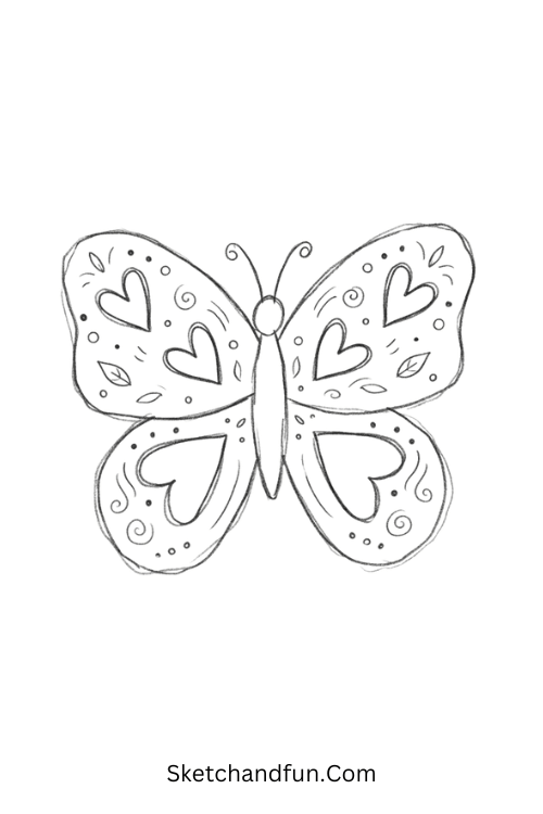 Heart pattern Zentangle butterfly with hearts, swirls, leaves, dots, and decorative wing details