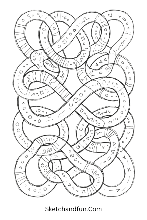 Infinite loop pattern Zentangle abstract art drawing with interconnected loops, stripes, bubbles, and waves