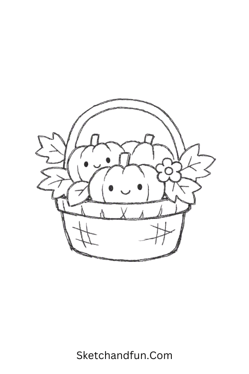 Kawaii pumpkin basket drawing filled with cute mini pumpkins
