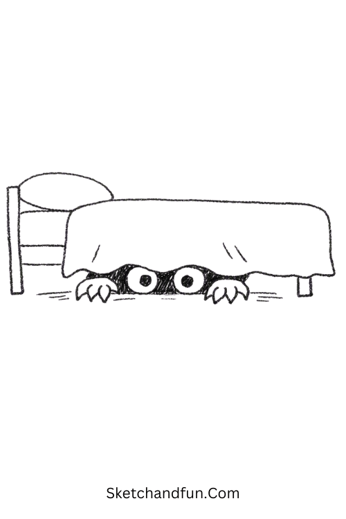 Little monster under the bed drawing with tiny eyes and claws