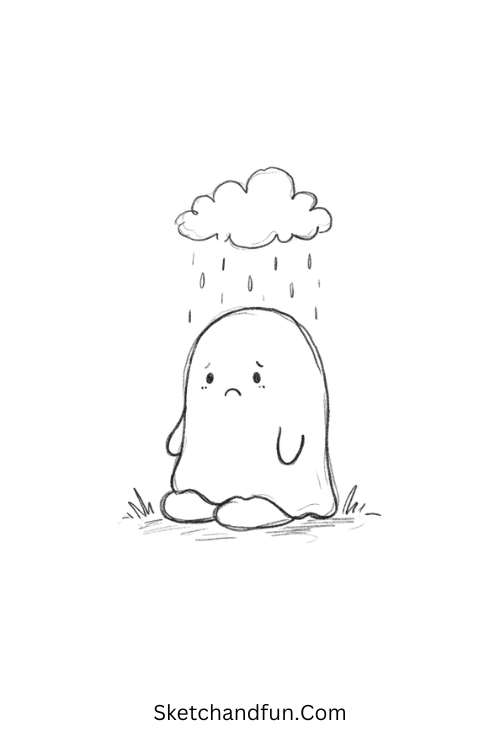 Lonely little ghost under a rain cloud dark doodle drawing