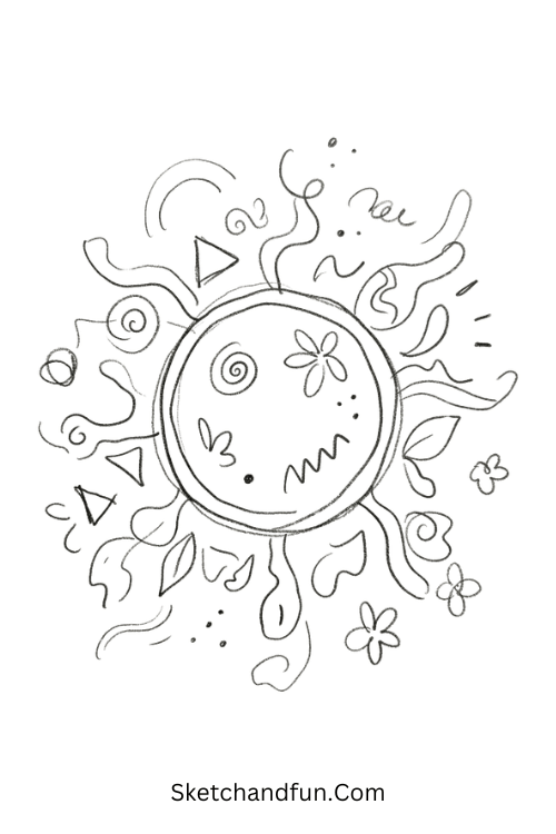Mandala meets abstract art Zentangle drawing with spirals, petals, triangles, waves, and geometric patterns