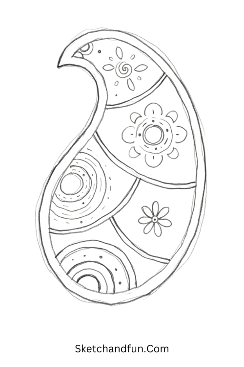 Mandala Zentangle paisley pattern with petals, rings, dots, and symmetrical curved sections