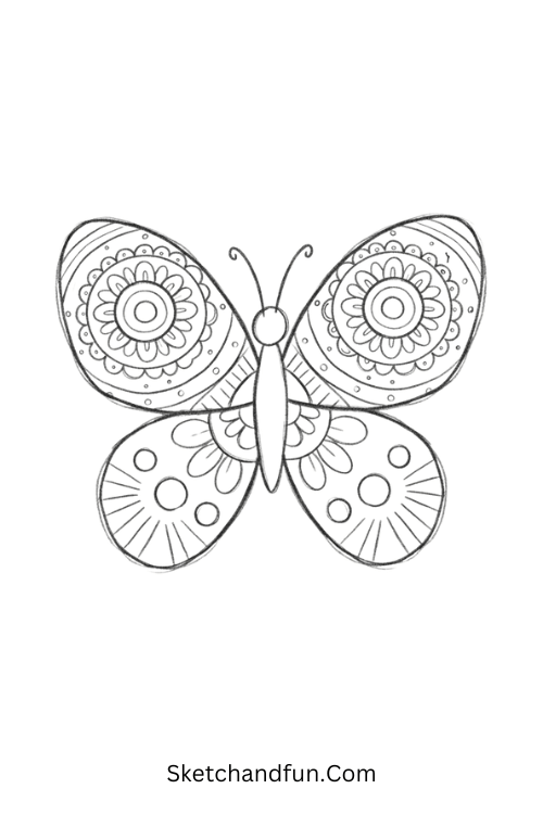 Mandala Zentangle butterfly with circular petals, scallops, dots, and intricate wing patterns