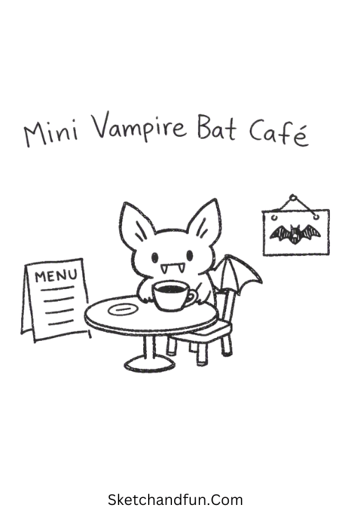 Mini vampire bat café drawing with a tiny bat and spooky drink