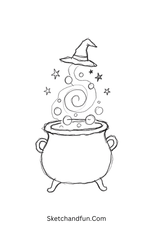 Mini Witch Cauldron Drawing with bubbles, sparkles, and a tiny hat