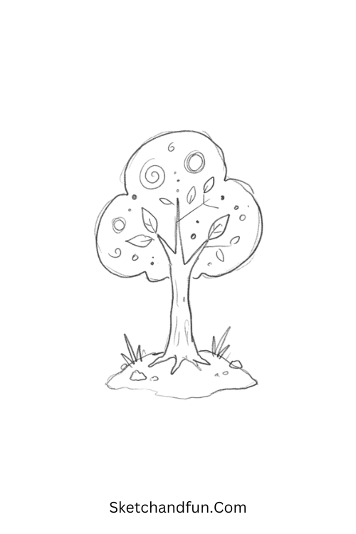 Miniature tree Zen doodle with swirls, circles, and leaves