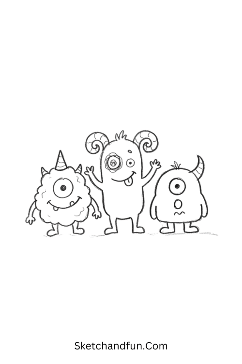 Three cute monsters together Halloween party drawing