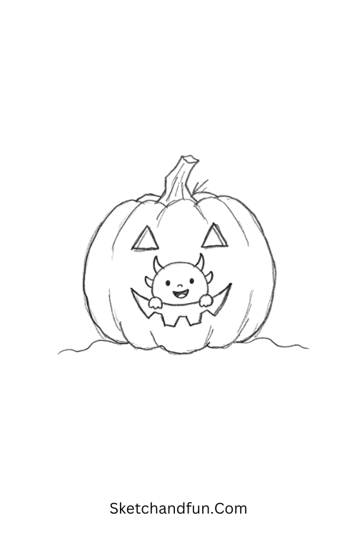 Tiny monster peeking from a pumpkin Halloween drawing