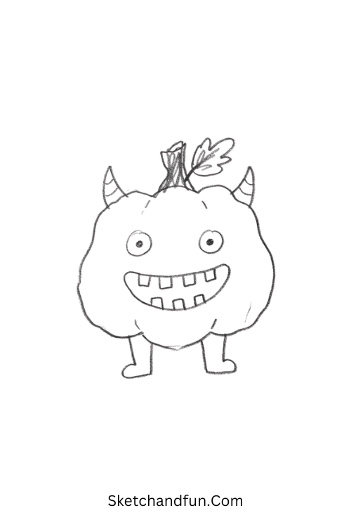Cute pumpkin monster Halloween drawing with horns and a toothy grin