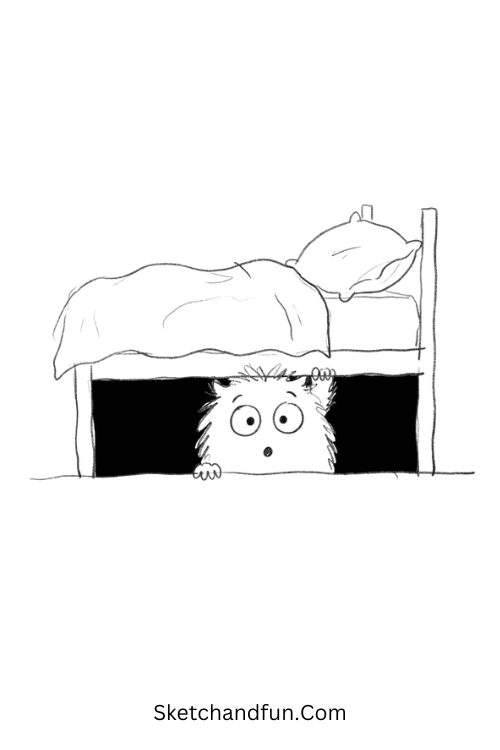 Cute monster under the bed Halloween drawing with wide eyes