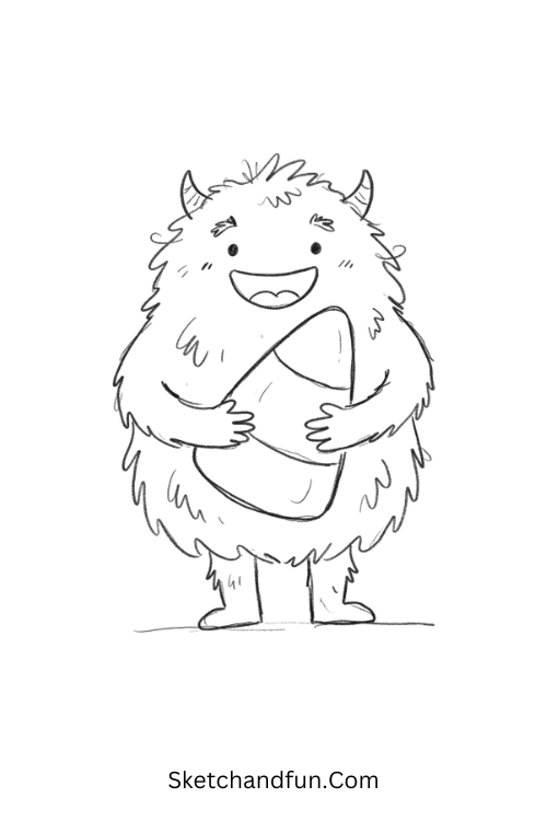 Happy monster holding candy corn Halloween drawing