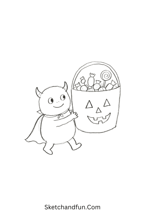 Cute monster carrying a Halloween candy bucket drawing