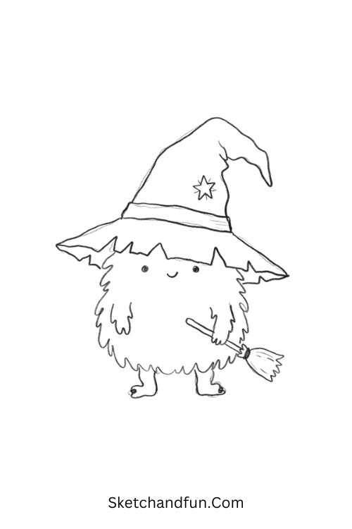 Cute monster wearing a crooked witch hat Halloween drawing