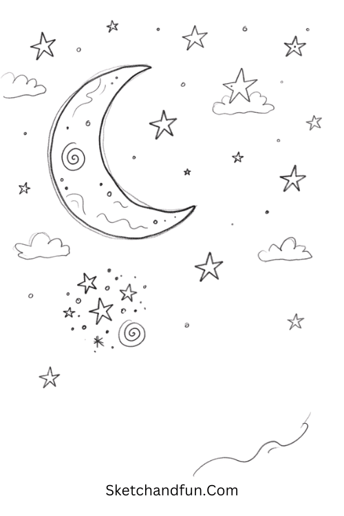 Moon and stars Zentangle tile with a crescent moon, stars, clouds, spirals, dots, and celestial patterns
