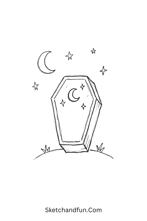 Moonlit coffin with stars dark doodle drawing
