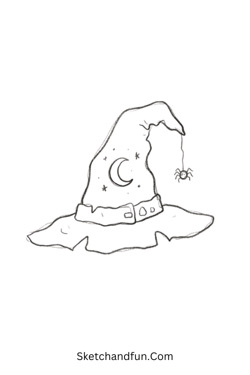 Moonlit Goth Witch Hat Drawing with stars and spider