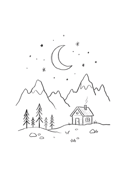 Moonlit Mountain Landscape Drawing