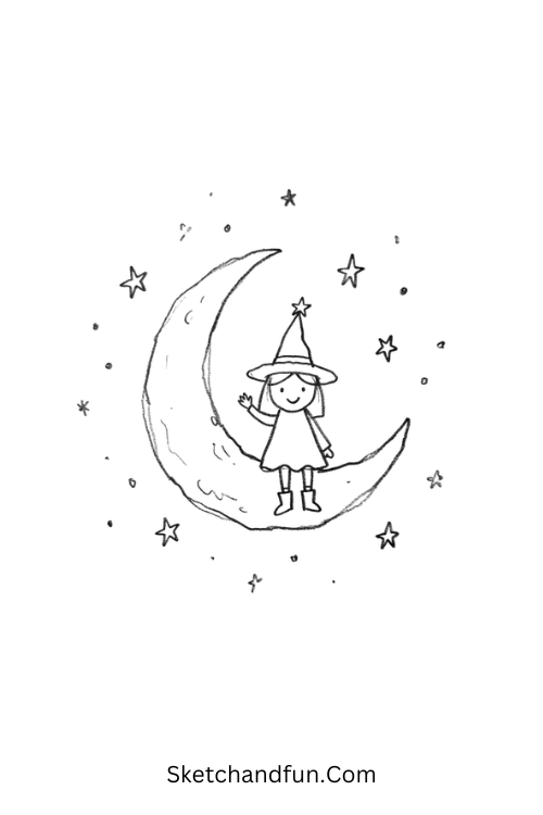Moonlit Witch Doodle Drawing with a tiny witch sitting on a crescent moon
