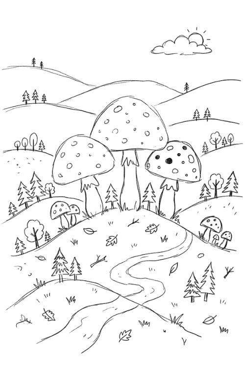 Mushroom Forest Landscape Drawing