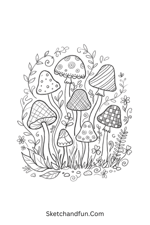 Mushroom forest Zentangle tile with whimsical mushrooms, patterned caps, leaves, grass, stems, and woodland tangles