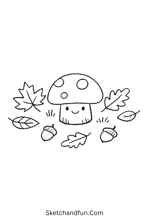 Mushroom in Leaves Drawing with acorns and tiny grass