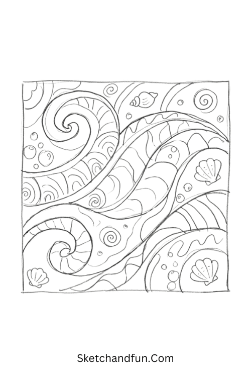 Ocean wave Zentangle tile with flowing waves, seashell patterns, bubbles, spirals, and curved lines