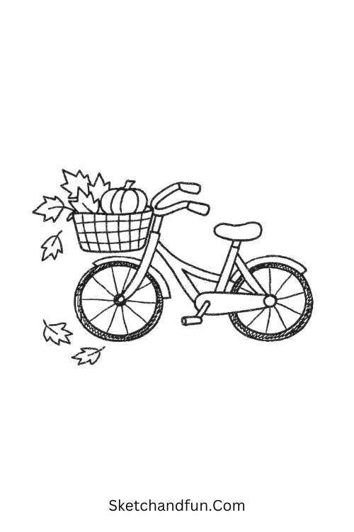 October Bicycle Drawing with a basket full of autumn leaves