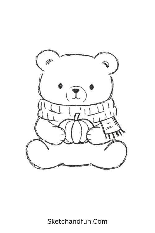 Cozy October Bear Drawing holding a pumpkin and wearing a scarf