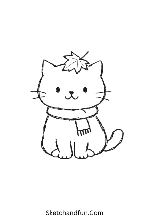 October Cat Drawing wearing a scarf with a leaf on its head