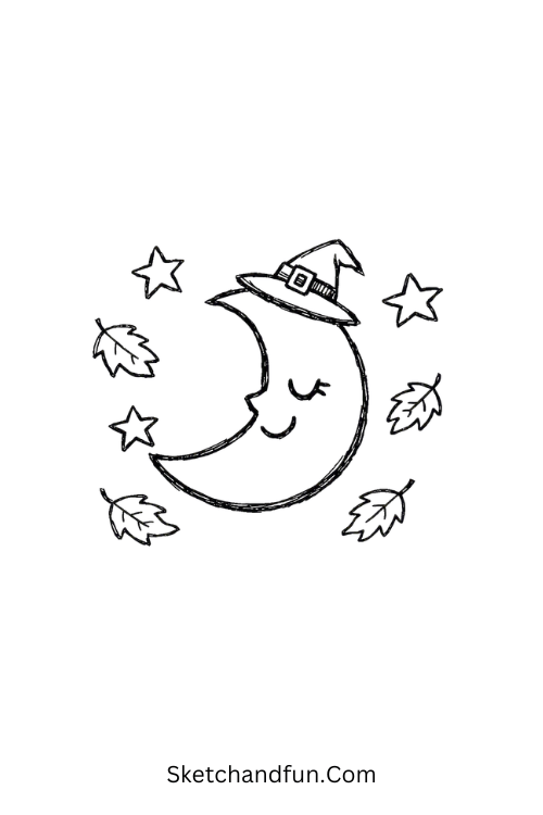 October Moon Drawing with a tiny witch hat and stars