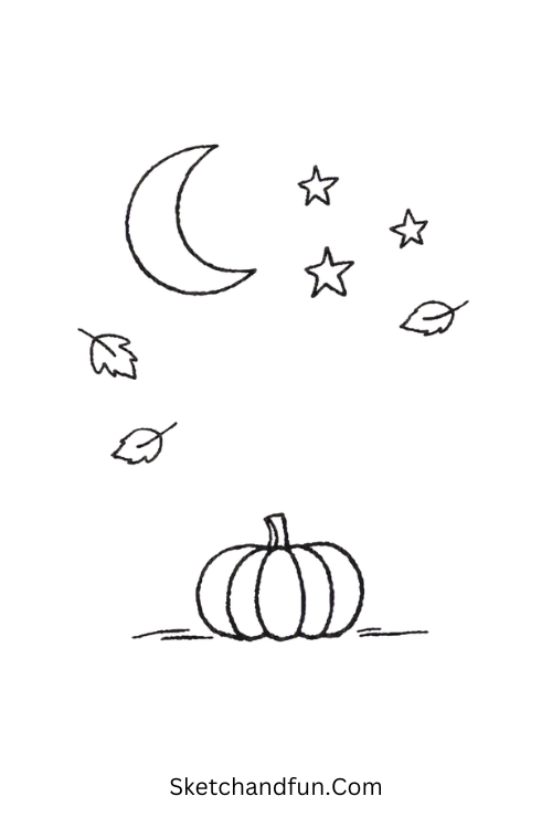 October Night Doodle Drawing with a moon, stars, leaves, and pumpkin
