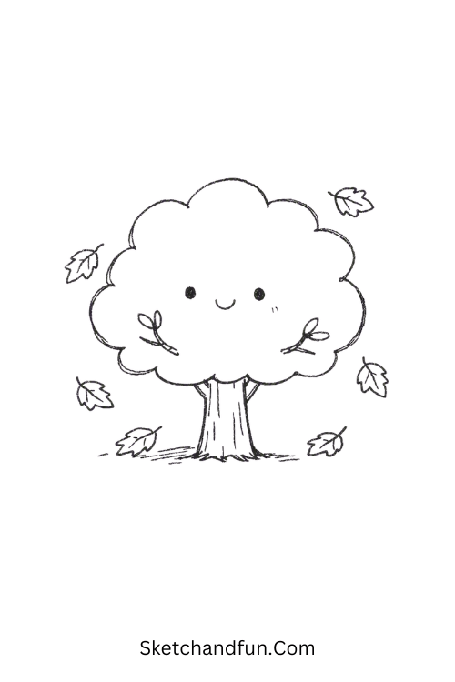 October Tree Character Drawing with falling autumn leaves
