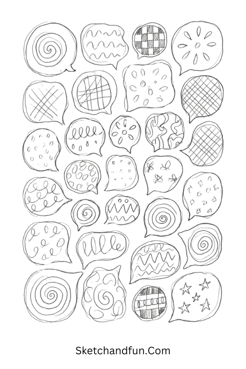 Organic bubble grid Zentangle abstract art drawing filled with spirals, dots, waves, and geometric patterns