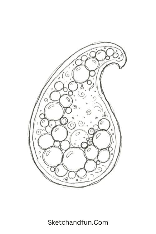 Bubble Zentangle paisley pattern with rounded bubbles, dots, spirals, and curved accents