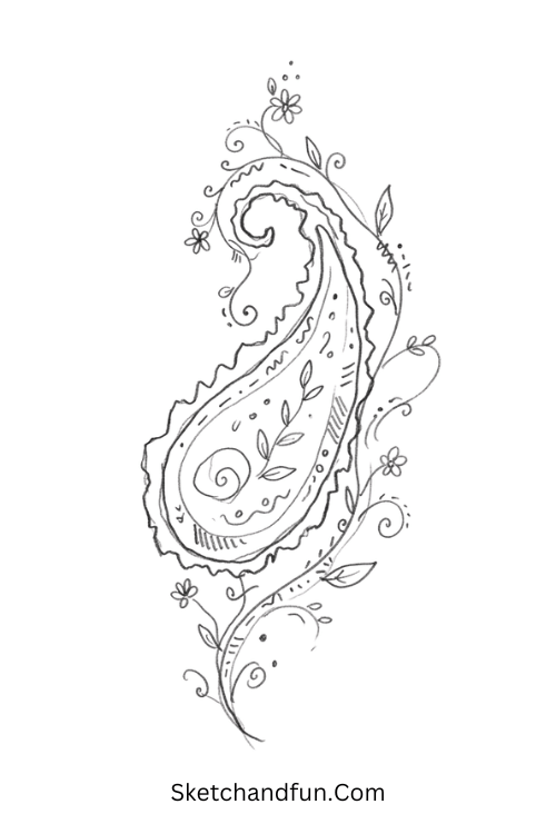 Vine Zentangle paisley pattern with curling stems, leaves, tiny flowers, and flowing tendrils