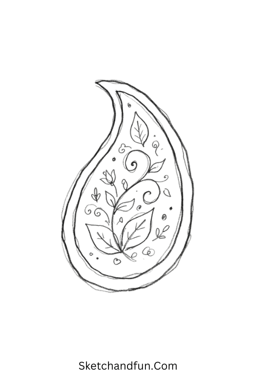 Leaf Zentangle paisley pattern with overlapping leaves, curling stems, veins, and organic tangles
