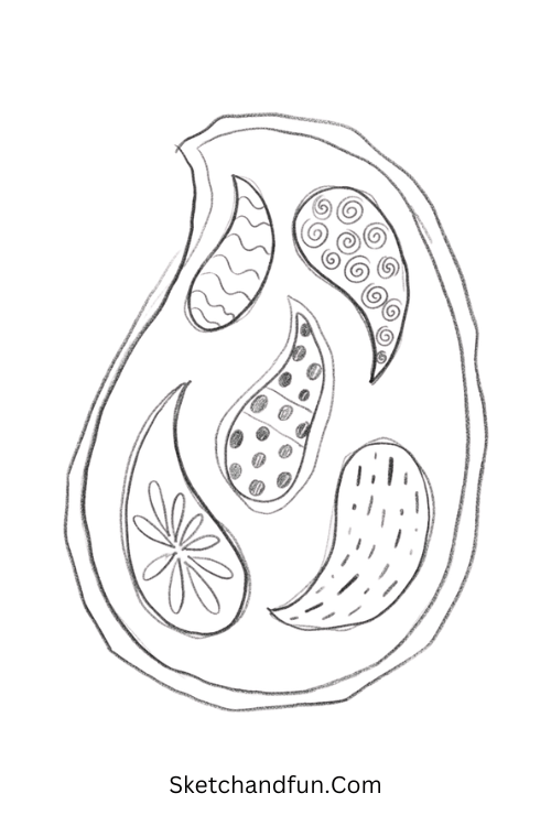 Paisley within paisley Zentangle pattern with layered mini paisleys and varied intricate tangles