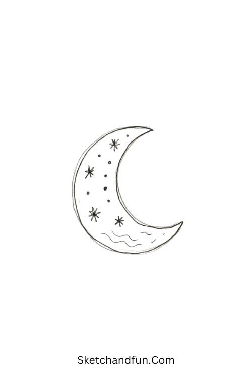 Peaceful crescent moon Zen doodle with stars and waves