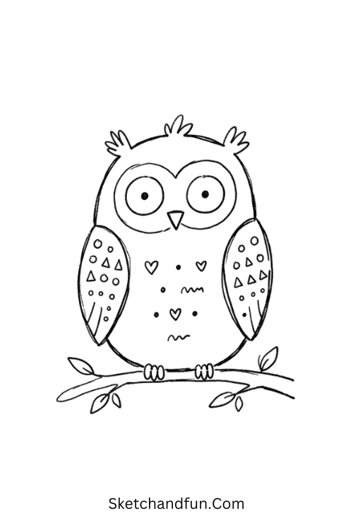 Peaceful owl Zen doodle with patterned wings and eyes