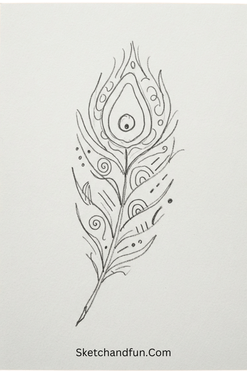 Peacock feather Zentangle tile with teardrop shapes, curved lines, spirals, and detailed feather patterns