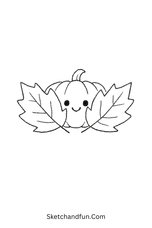 Cute peekaboo pumpkin drawing hiding behind autumn leaves